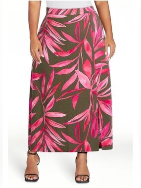 Women’s Green Ivy Linen Blend-Olive/Pink Tropical Midi Skirt, Size XXXL (22) NEW